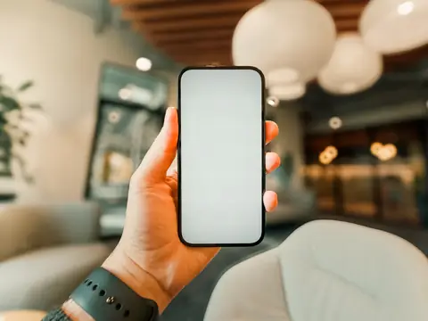 A hand holding up a phone in a bright cafe with round pendant lights