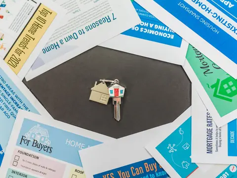 Printed home buying brochures spread around a house key