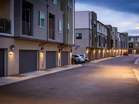 Modern townhomes with lit garage lights along a quiet street at dusk